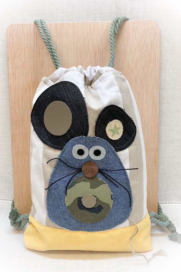 Mochila infantil de cuerdas con ratoncito de tela vaquera, complemento personalizado para niños