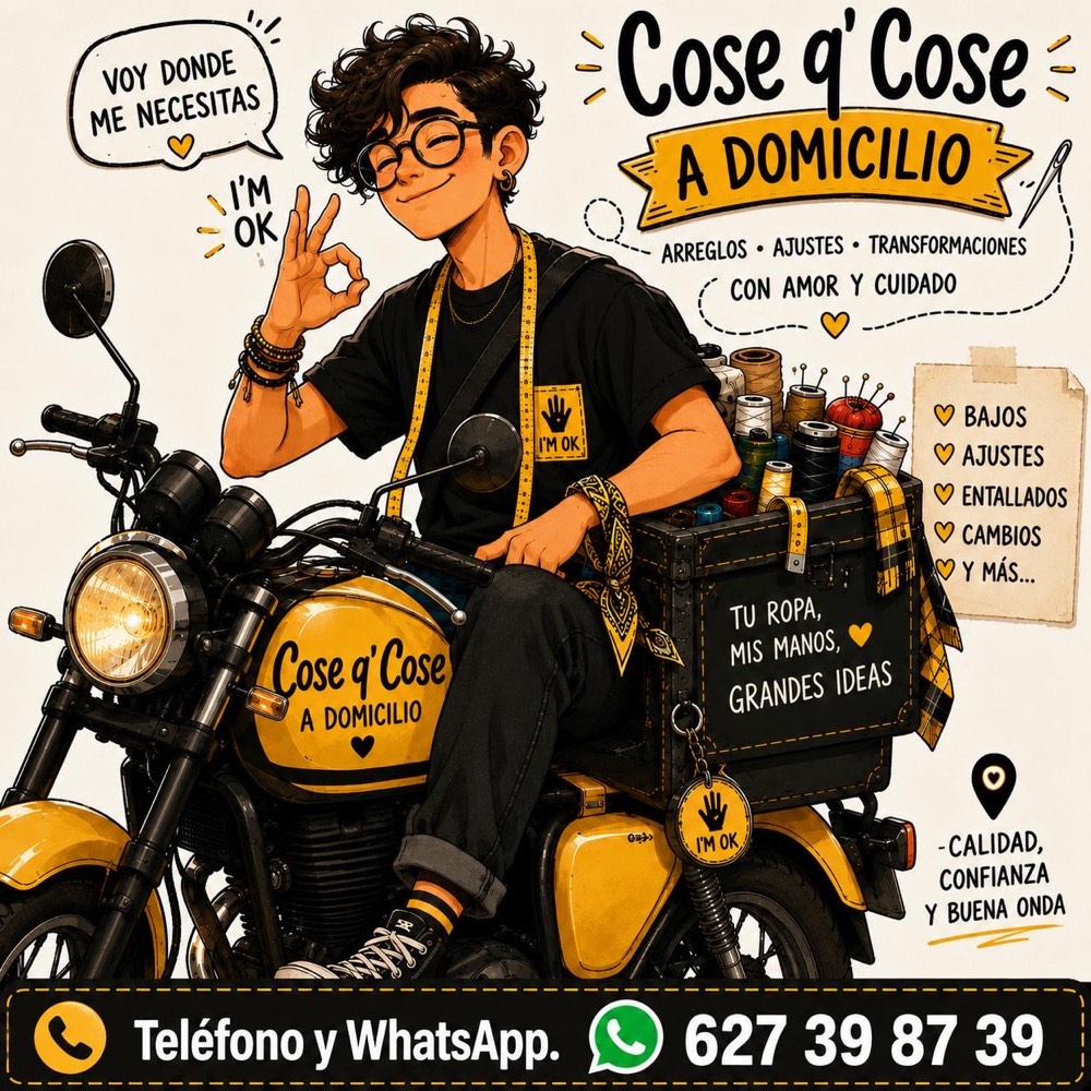 Flyer ilustrado de Cose Q' Cose: servicio de costura a domicilio en Barcelona — voy donde me necesitas